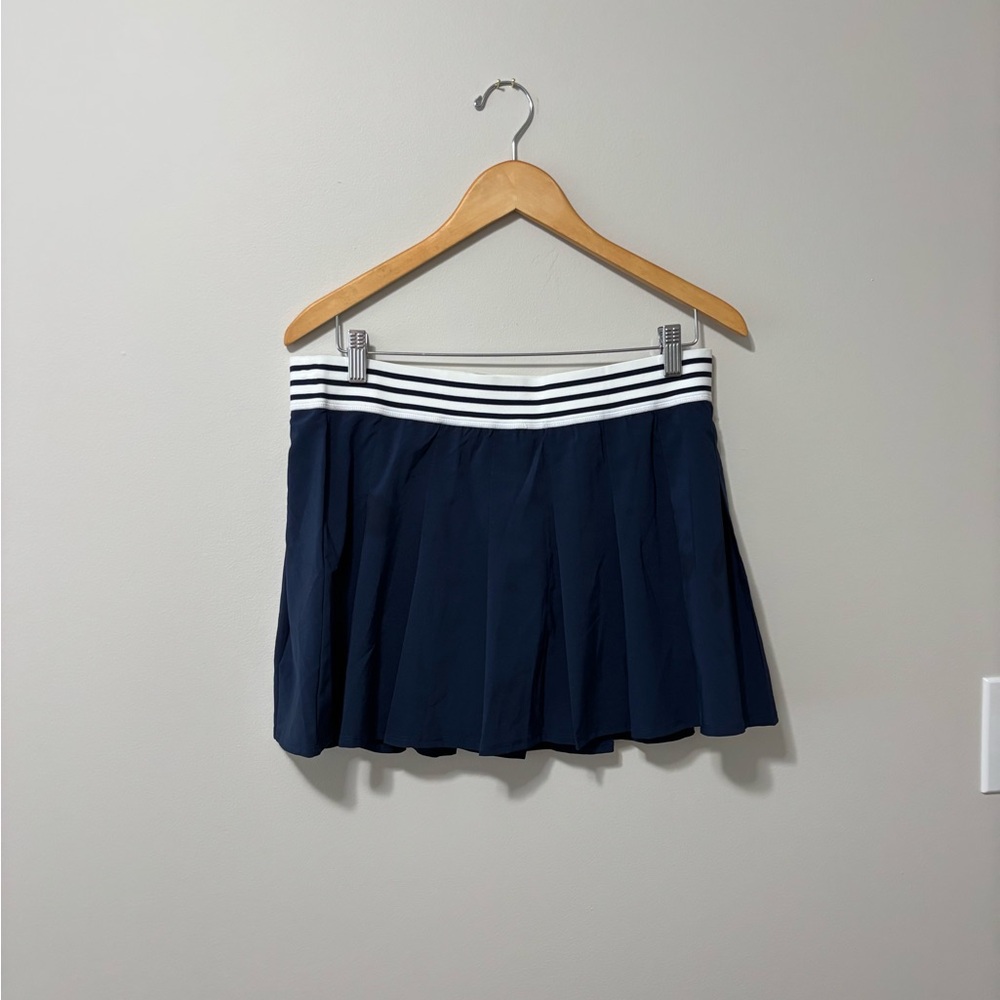 Navy Blue Pleated Golf Skort with Striped Waistband